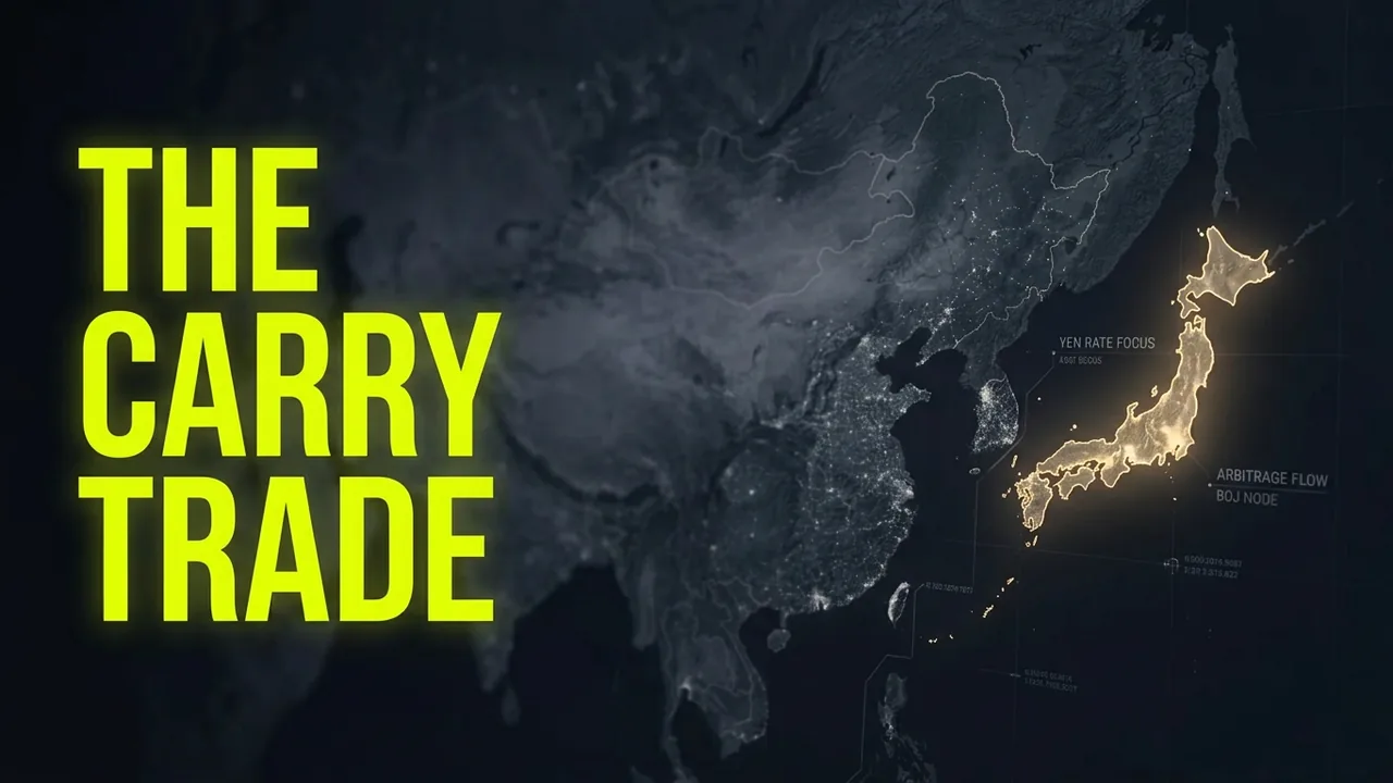 Video thumbnail — night-lights satellite view of East Asia with Japan picked out in gold, titled The Carry Trade